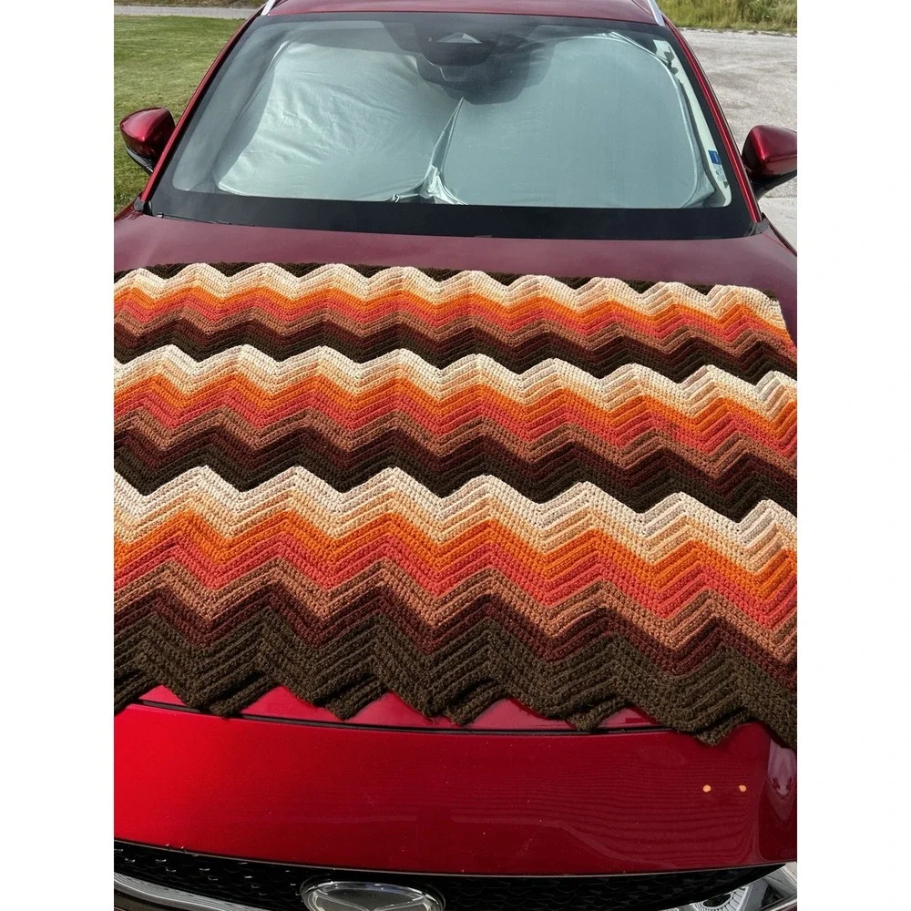Vintage Handmade Crochet Afghan 66x51 Chevron Ripple Orange Brown Cream 70s